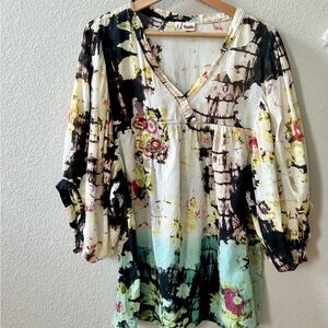 Tianello 100% Cotton Tie Dye Floral Puff Sleeve Top Size Large Boho Tunic